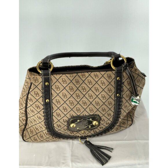 Dooney & Bourke Monogram Satchel Bag With Tassel & Green Duck Charm - Picture 1 of 16